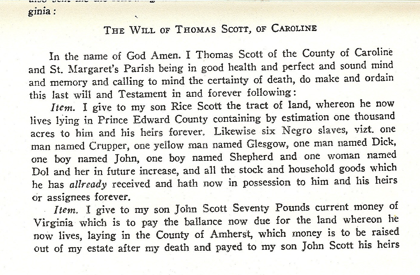 Will of Thomas Scott, of Caroline, Nov. 1772,Pg 1
